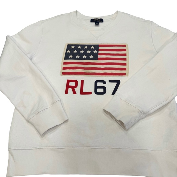 Polo Ralph Lauren’s Unisex Kids Pullover Sweatshirt W/ Fabric Flag & RL67 Sz M - Picture 1 of 12